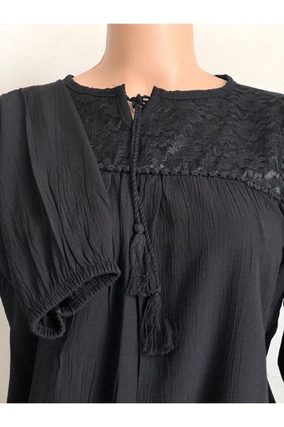 sevdalı Γυναικεία Μαύρη Sile Πάνα Oversize Mother Χτενισμένη Βαμβακερή Μπλούζα