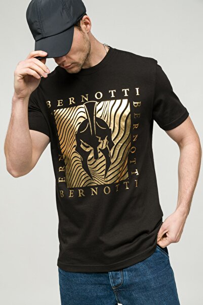 BERNOTTİ Sıfır Yaka T-shirt Siyah Emprime Baskı Erkek