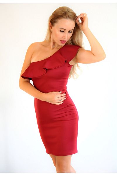 vuvutasarım Rochie de seară de damă, elastică, din țesătură de scuba, cu un singur umăr, rochie de seară burgundă, rochie de absolvire cu zână burgundă 025