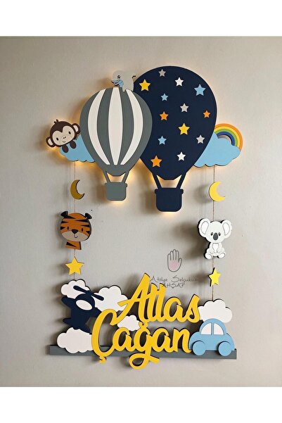 Atölye Selçukum Balonlu Hayvanlı Işıklı Bebek Ahşap Kapı Süsü