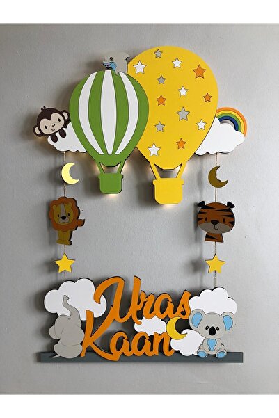 Atölye Selçukum Balonlu Hayvanlı Işıklı Bebek Ahşap Kapı Süsü