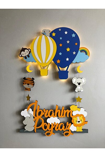 Atölye Selçukum Balonlu Hayvanlı Işıklı Bebek Ahşap Kapı Süsü