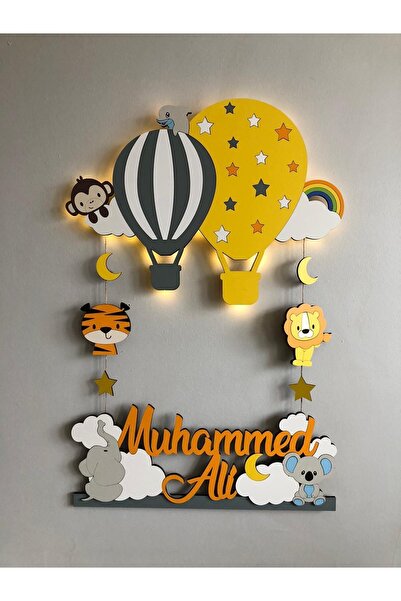 Atölye Selçukum Balonlu Hayvanlı Işıklı Bebek Ahşap Kapı Süsü
