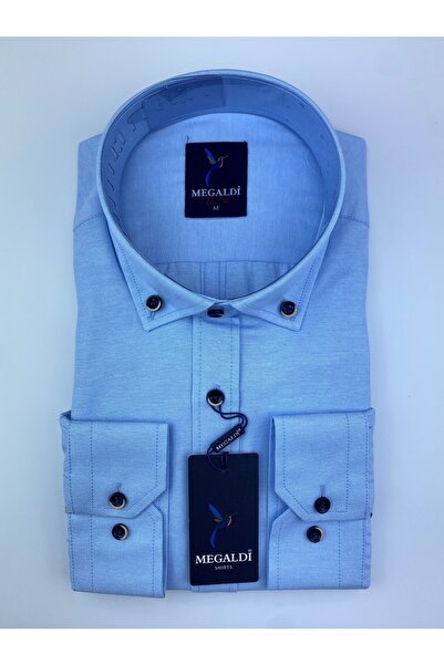 MEGALDİ Erkek Buz Mavi Spor Şamreli Düz Gömlek