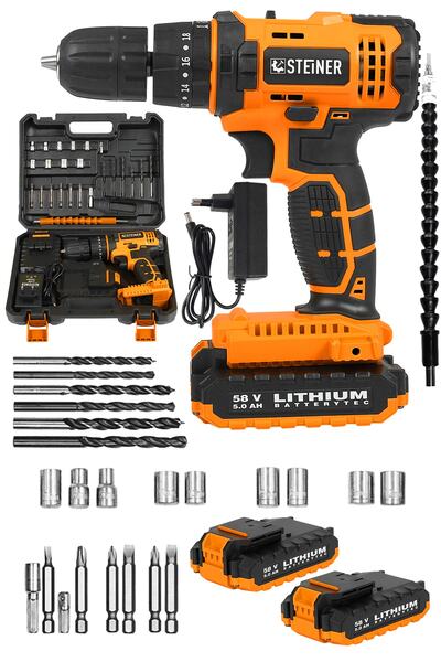 STEİNER Alman 58 V 5 Ah Darbeli Çift Akülü Metal Dişli Şanzuman Şarjlı Vidalam Matkap + 27 Parça Set
