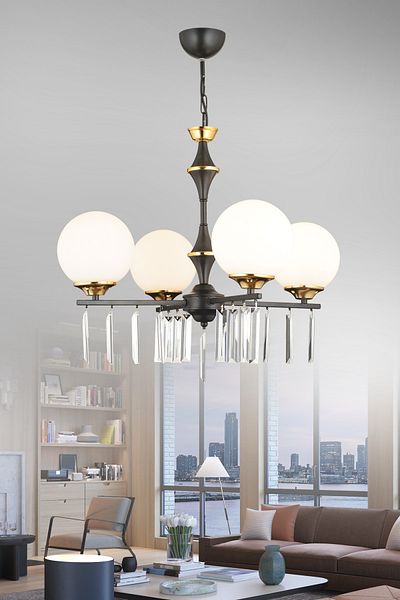 KARDELEN AYDINLATMA AVİZE Luxury Upward Facing Crystal Stone Chandelier with Propeller Black and 4-Piece White Globe Glass