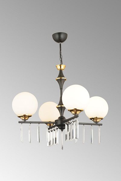 KARDELEN AYDINLATMA AVİZE Luxury Upward Facing Crystal Stone Chandelier with Propeller Black and 4-Piece White Globe Glass
