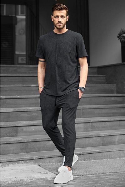 Madmext Schwarzes T-Shirt-Set aus Waffelstoff für Herren