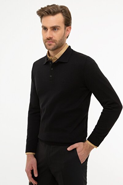 Pierre Cardin Erkek Siyah Slim Fit Polo Yaka Basic Triko Kazak