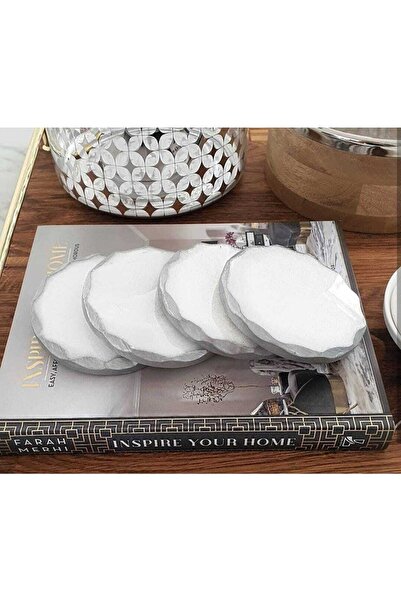 Sümeyra Marble Art روزالين - طقم قواعد أكواب من الرخام الأبيض الطبيعي مكون من 4 قطع | فضة