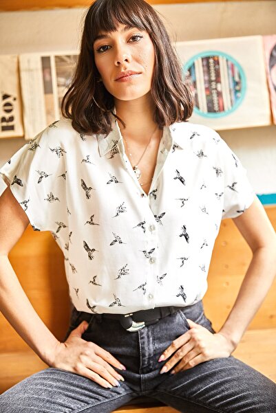 Olalook Cămașă țesută cu liliac cu pasăre albă pentru femei GML - 19000576