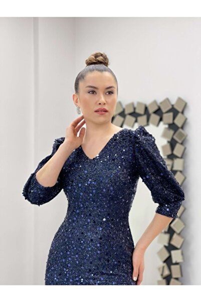 giyimmasalı Payet Kumaş V Yaka Elbise Lacivert