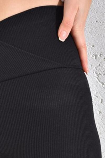 Moda Alba Black Cross Belt Ribbed High Waist Sports Plus Size Leggings