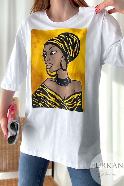 FEMELLE Tricou damă din bumbac cu mânecă trei sferturi, cu design alb, imprimat
