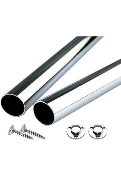 ARON Yuvarlak Krom Parlak (110cm) Dolap Içi Elbise Askı Borusu + 2 Adet Flanş...