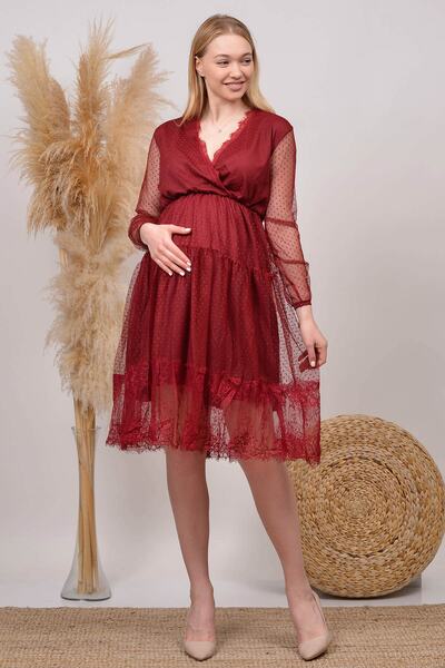 Neşeli Butik Women's Elastic Waist Skirt and Lace Collar Detailed Maternity Dress Hml010