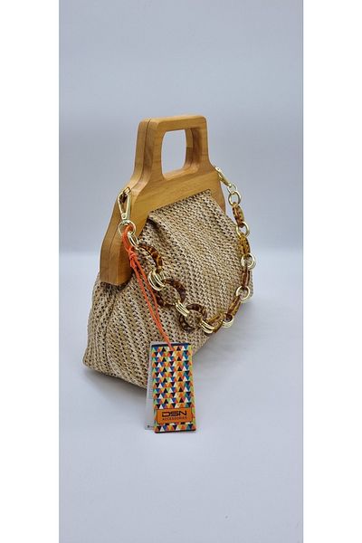 DSN Beige Color Hand and Shoulder Bag with Straw Wooden Handle Y5690