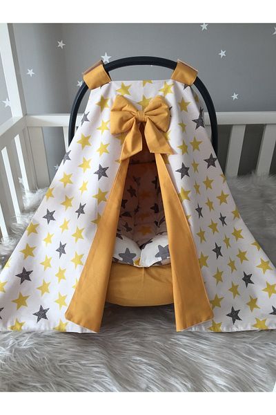 Jaju Baby Yellow Star Patterned Stroller Cover Sheet and Stroller Cushion Set of 3