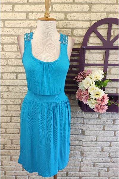 rengamoda Rochie De Damă Albastru Detaliu Dantela Spate Tesatura Viscoza 85 Cm