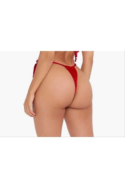lovebox Women's Red Stretchy Velvet Fabric Side Tie Thong