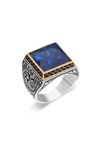Afrodit Silver Erkek Safir Taşlı Gümüş Yüzük