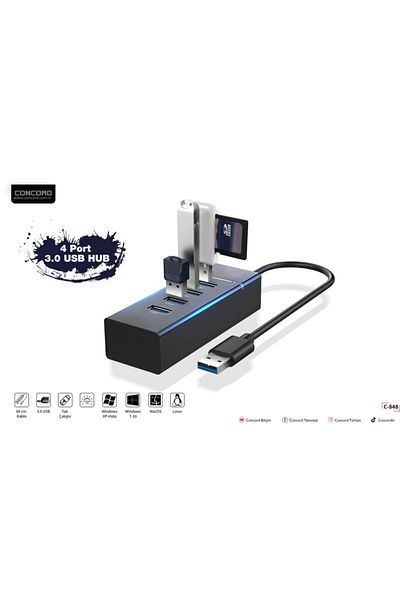 Concord Pc Laptop Adapter Cable Multiplexer 4 Port USB 3.0 Hub C-848