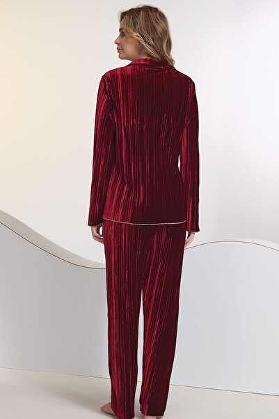 Sevim Kadın Bordo Kadfife Nakışlı Düğmeli Pijama Takım