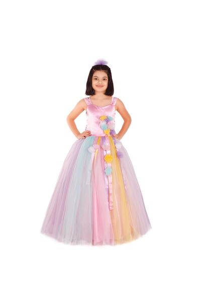 sevalkostüm tasarım Kız Çocuk Pembe Tül Çiçek Detaylı Elbise