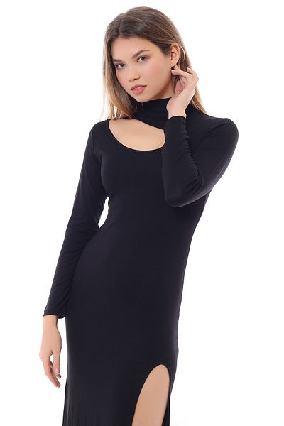 KİM Kİ O Rochie neagră de damă din viscoză cu decolteu și fante