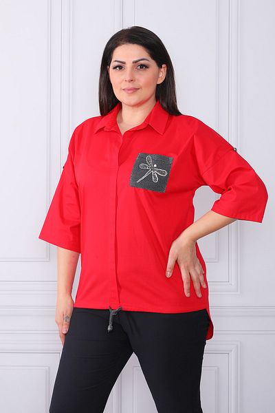 etselements Women's Red Butterfly Printed and Elastic Shirt