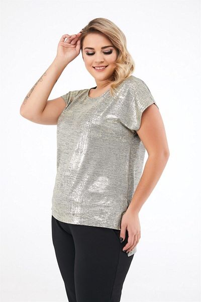 Seamoda Women's Silver Short Sleeve Glitter Printed Slit Blouse