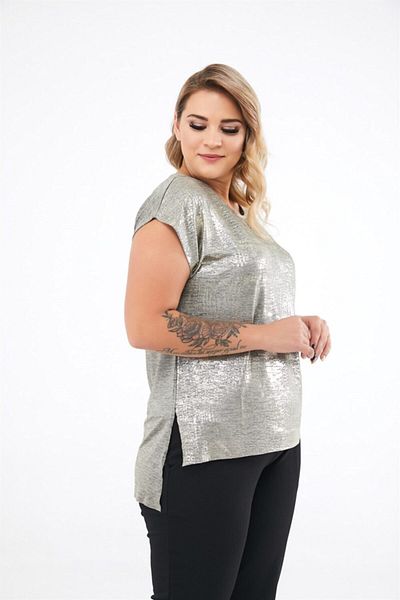 Seamoda Women's Silver Short Sleeve Glitter Printed Slit Blouse