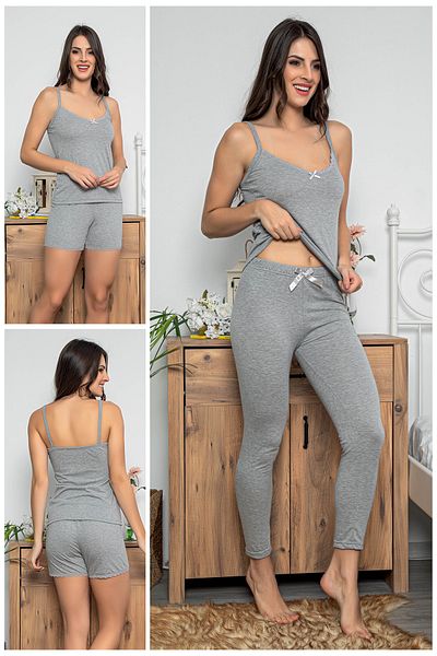 MyBen Set de pijamale de culoare gri pentru femei cu pantaloni scurți și colanți Set de 3 75009