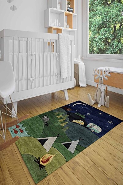 MODANOİVA Yildizli Gecede Kamp Desenli Dijital Baski Hali-mnh1011