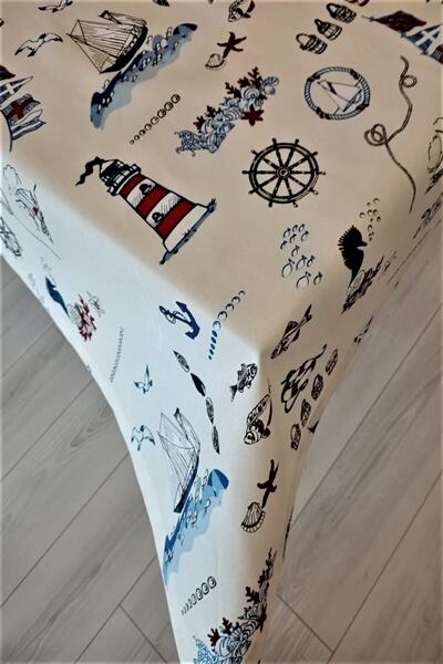 eno concept Keten Dokulu Marin Desenli Beyaz Masa Örtüsü