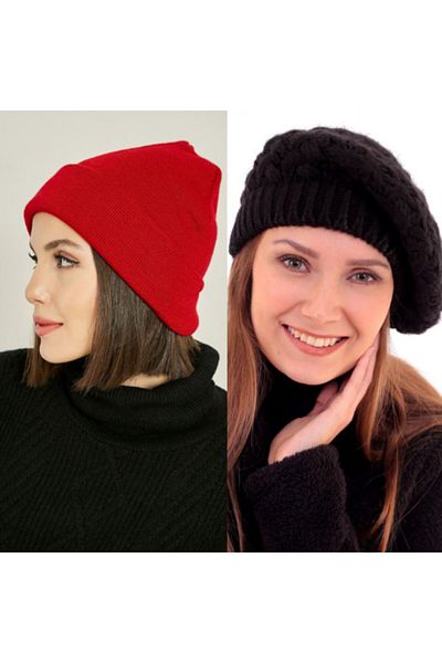 EKstore Set of 2 (Knit Painter + Basic) Black & Red Beret