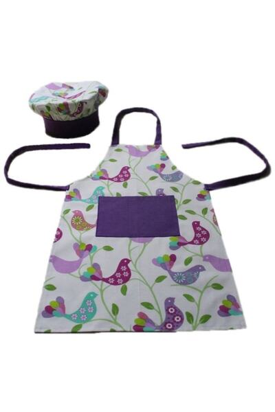 Bkmc Çocuk Mor Aşçı Önlüğü Ve Şapkası Kuş Desenli