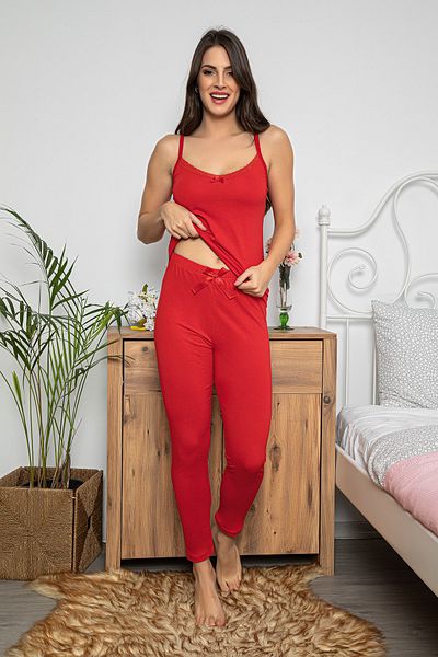 MyBen Women's Red Colored Lace Detailed Pajama Set with Shorts and Tights, Set of 3 75021