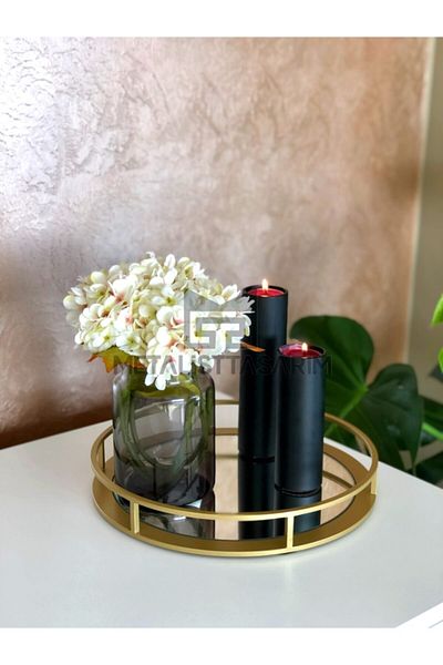 Metalist Tasarım Sefa Decorative Mirrored Tray Round Matte Gold Color 28cm Gold