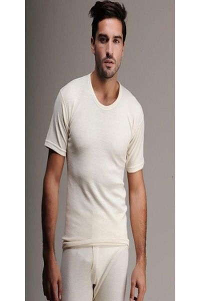 Hasyün Men's Beige Short Sleeve Wool Undershirt