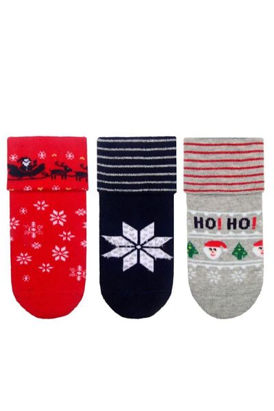 MEM SOCKS Baby Girl Colorful New Year Patterned Anti-Slip Towel Socks 3-Piece