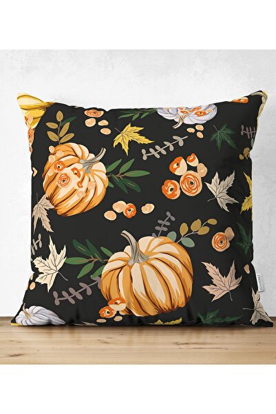 Realhomes غطاء وسادة رمي حديث مطبوع رقميًا بنمط اليقطين مع خلفية سوداء