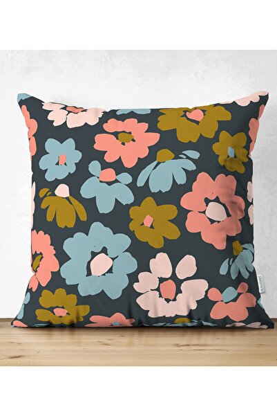 Realhomes Çift Taraflı Siyah Zemin Üzerinde Renkli Çiçek Desenli Süet Yastık ...
