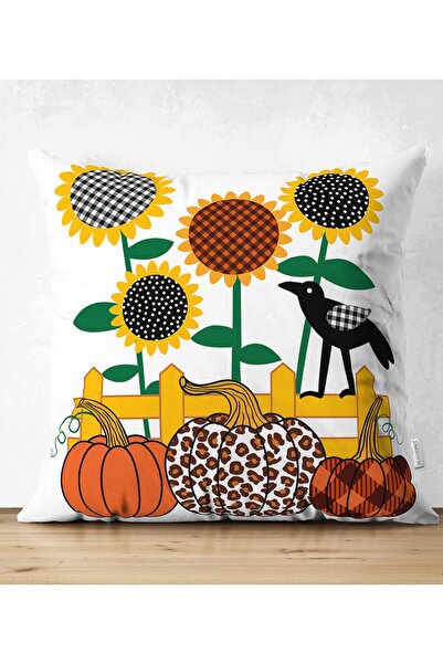 Realhomes Beyaz Zemin Üzerinde Ayçiçek Desenli Ekoseli Balkabağı Yastık Kırle...