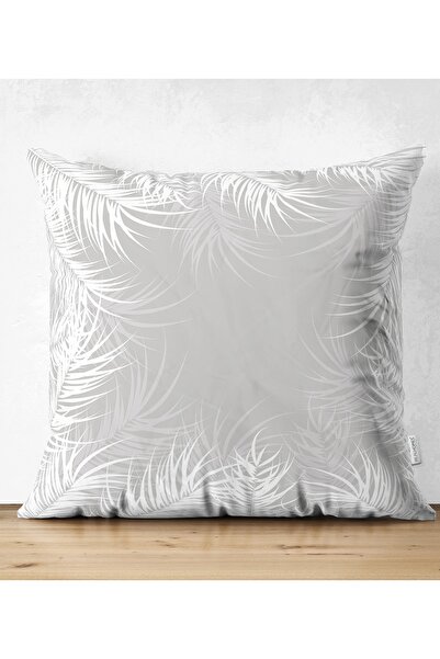 Realhomes Çift Taraflı Gri Zeminli Beyaz Yaprak Desenli Dijital Baskılı Moder...