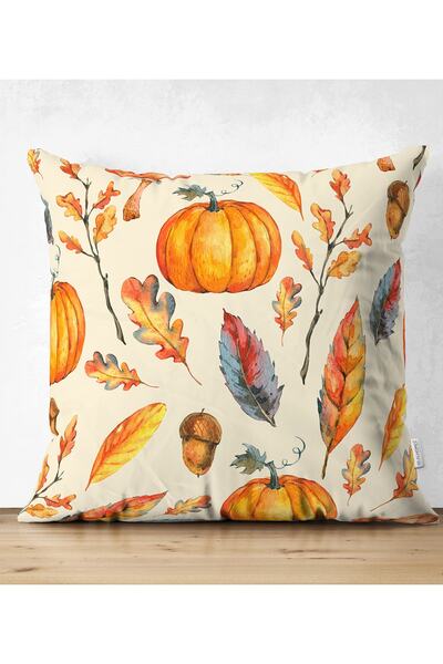 Realhomes Renkli Zeminli Bal Kabağı Desenli Dijital Baskılı Modern Yastık Kır...