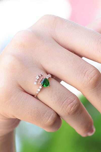 Genel Markalar Kadın Prenses Tacı Yeşil Taşlı 14k Rose Altın Kaplama Yüzük