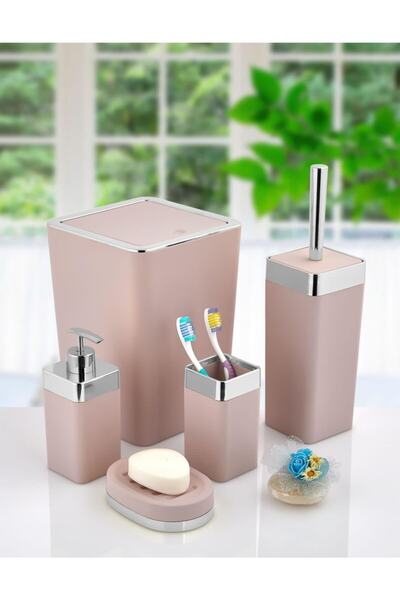 İmera Banyo Seti Çöp Kovası, Fırça 5 Parça Soft Pembe Gümüş Set
