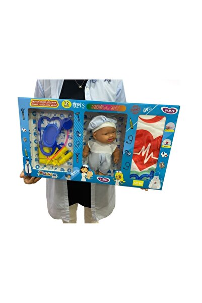 Gamze Oyuncak Kutulu 12 Parça Bebekli Önlüklü Doktor Seti Mavi