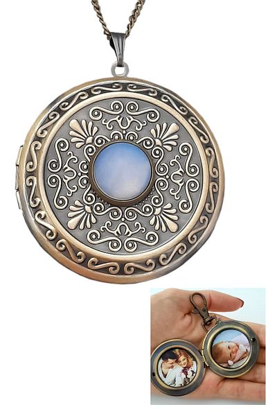 LADYMİRAGE Authentic Patterned Opal Stone Medallion Necklace